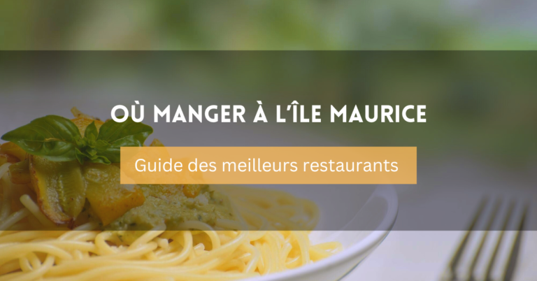 Couverture d'un guide des meilleurs restaurants à Maurice: illustrant des spécialités culinaires et des lieux conviviaux à découvrir.